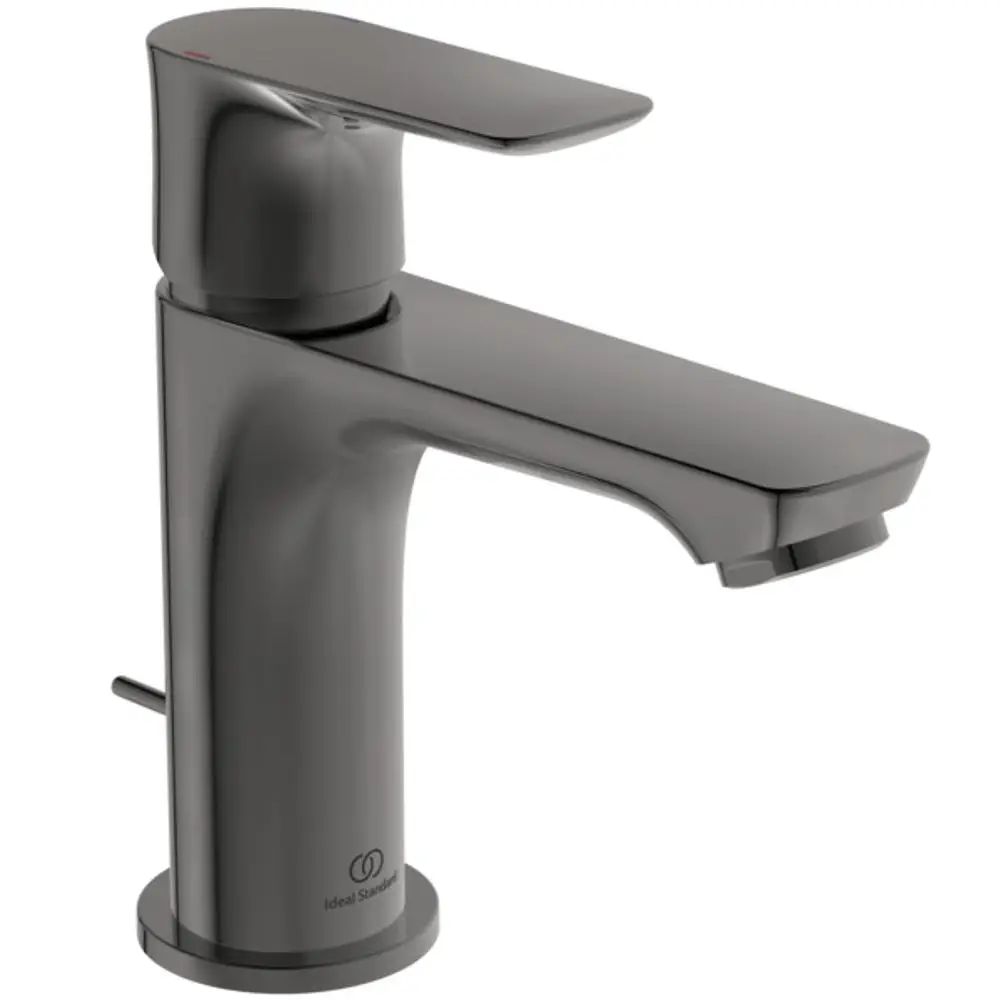 Moderne Waschtischarmatur in Magnetic Grey von Ideal Standard mit schmalem Auslauf und einem Hebel für die Temperatur- und Mengeneinstellung.